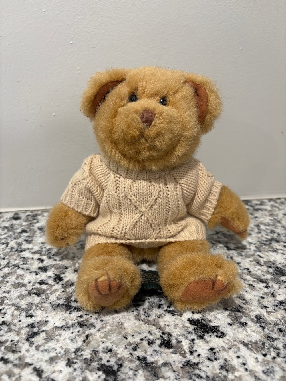 Russ Berrie & Co Tan Teddy Bear Cable Knit Sweater Collectible Discontinued